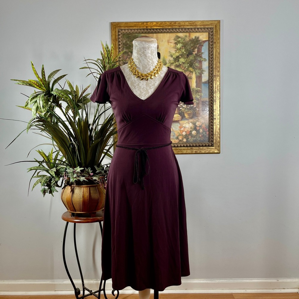 Ann Taylor LOFT Dress Womens 0P Plum Rayon Blend Flutter Sleeve Fit Flare Midi